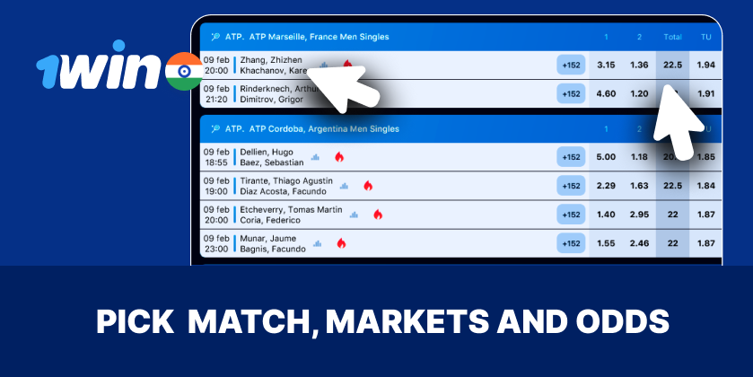 Pick a match, odds, and available markets
